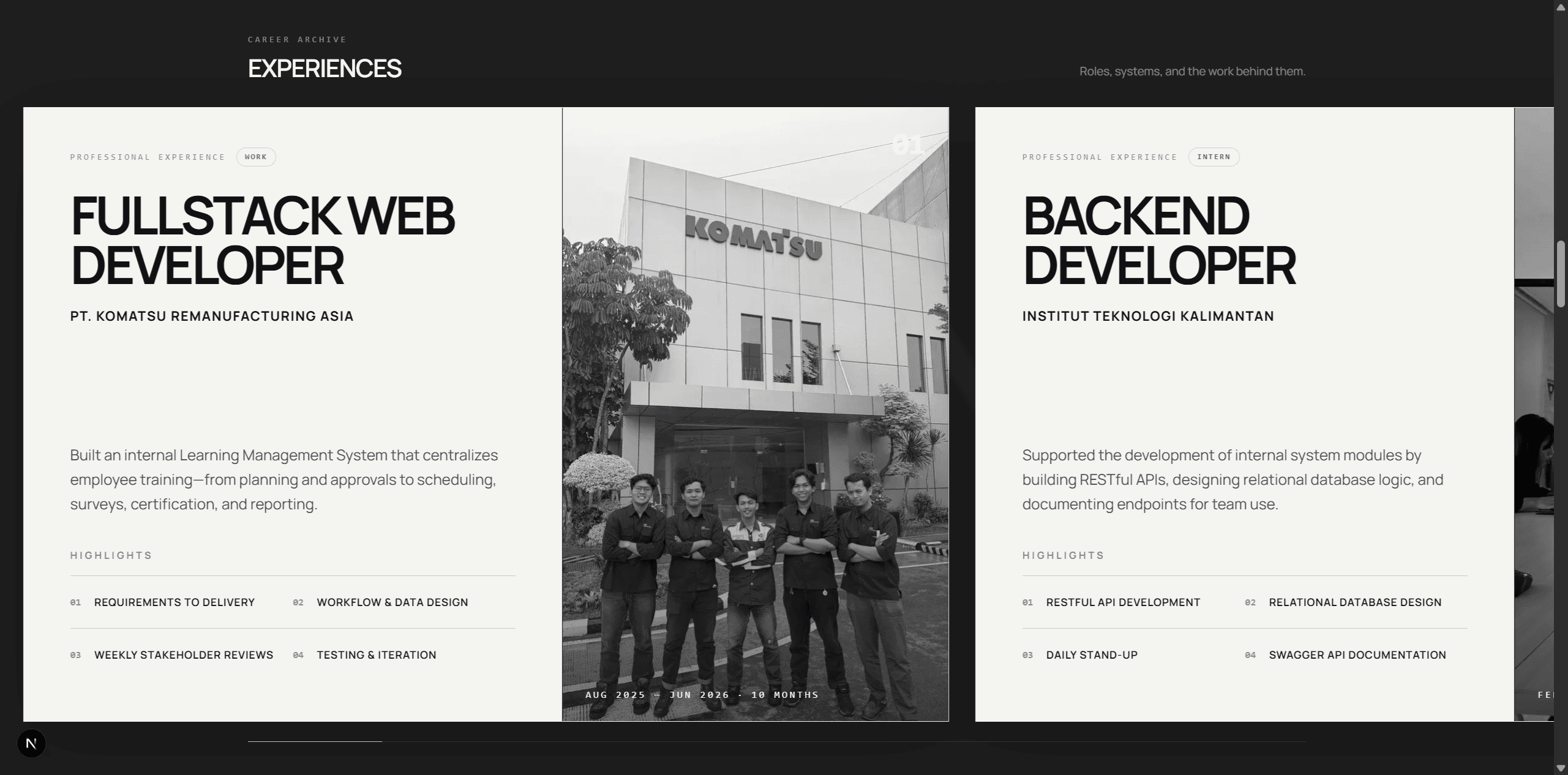 Personal portfolio experience carousel section