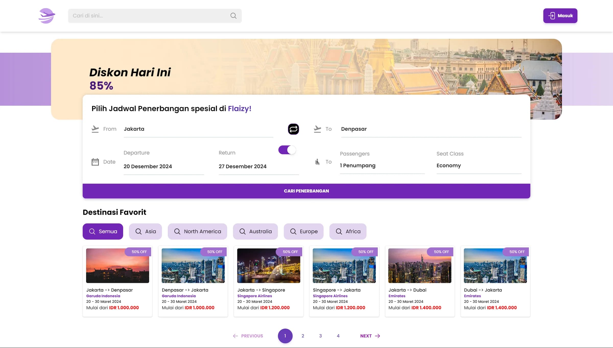 Flight search and booking interface