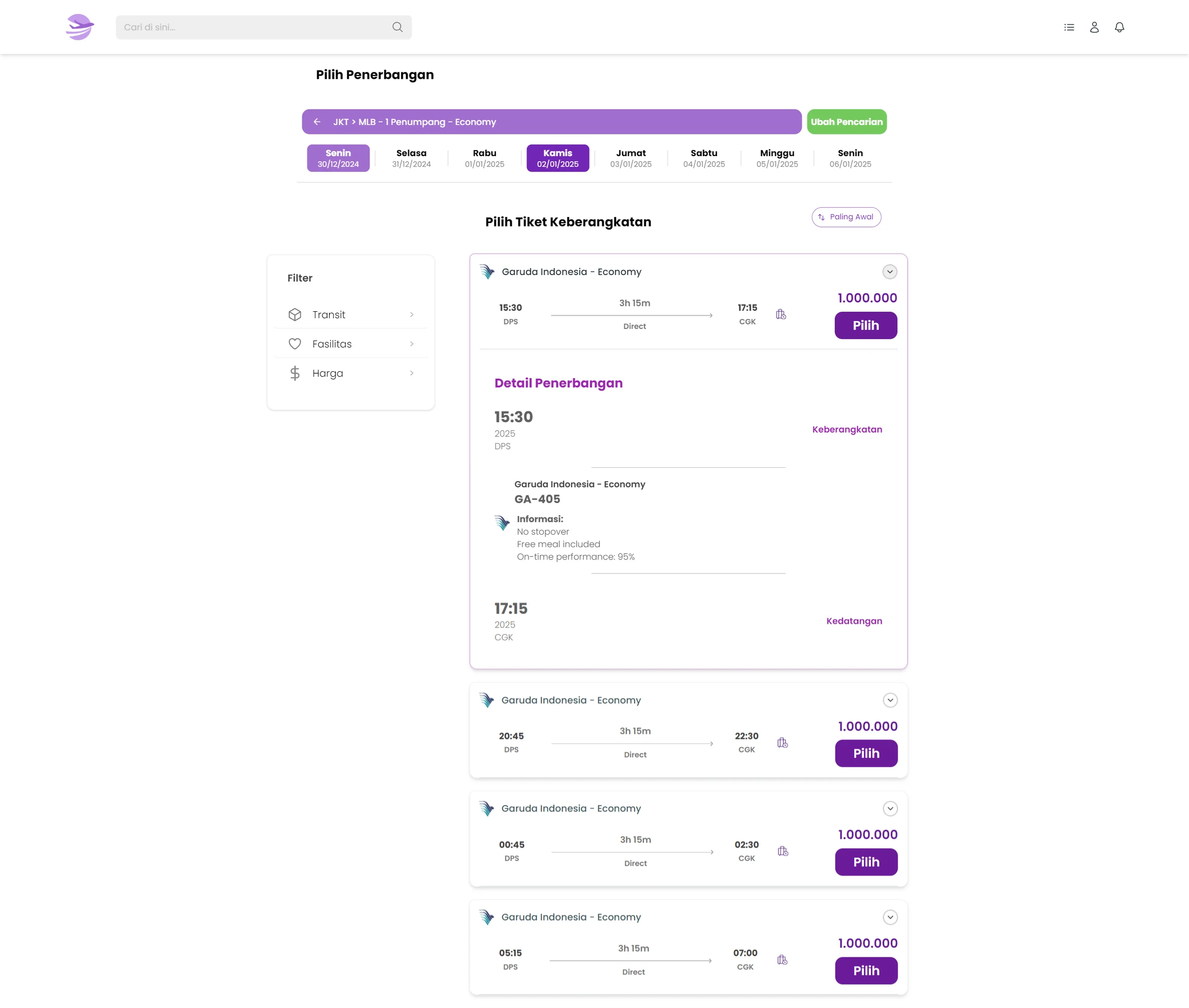 Flight selection interface