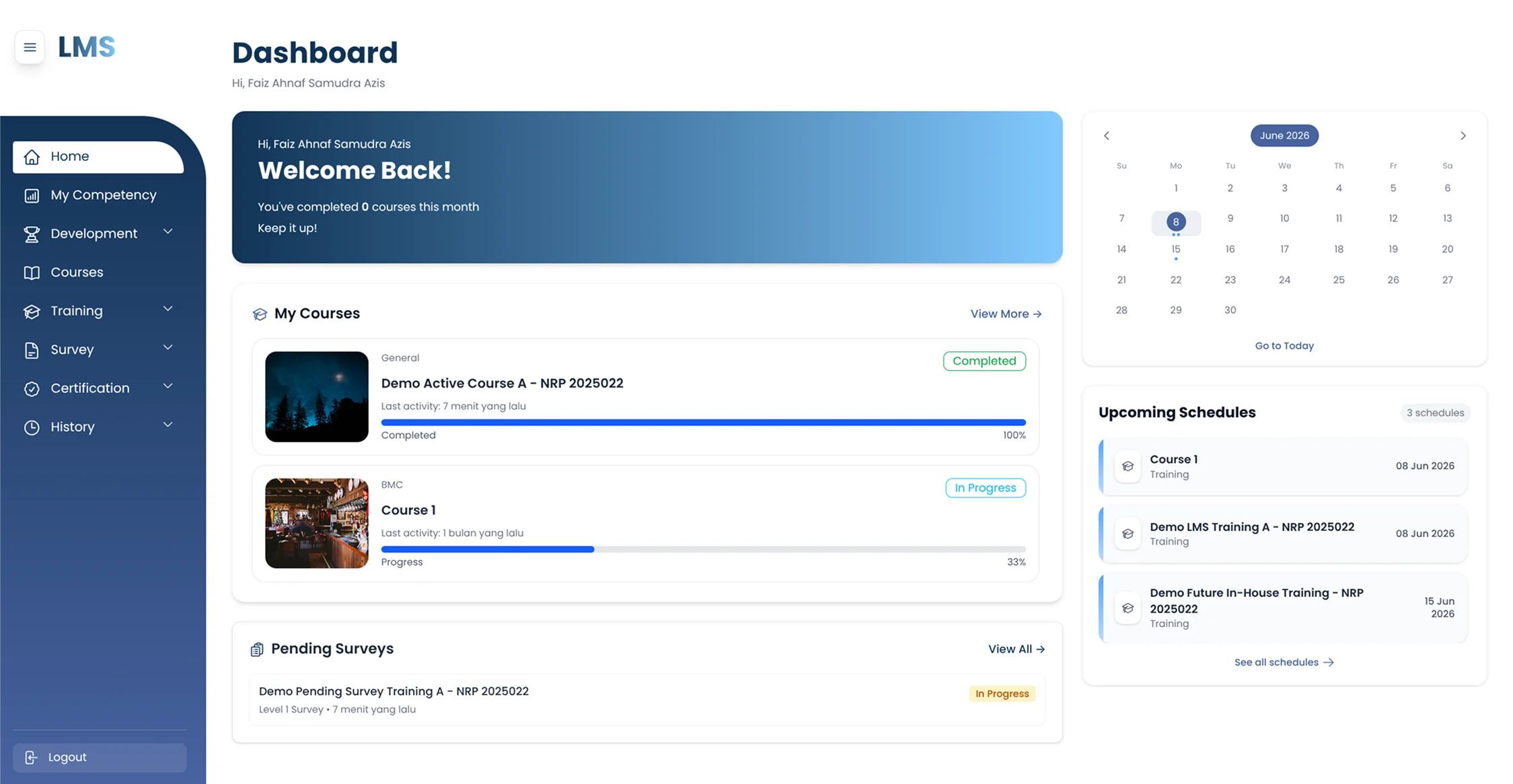 Learning Management System dashboard overview
