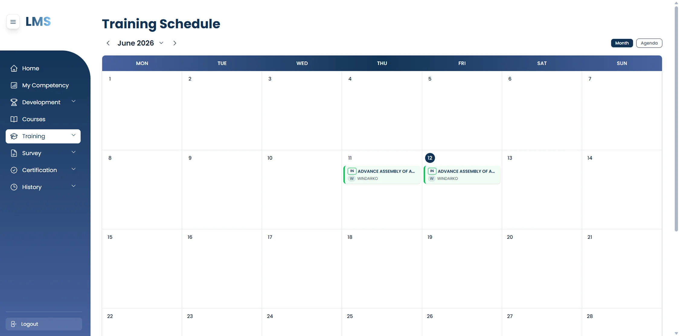 Learning Management System training calendar