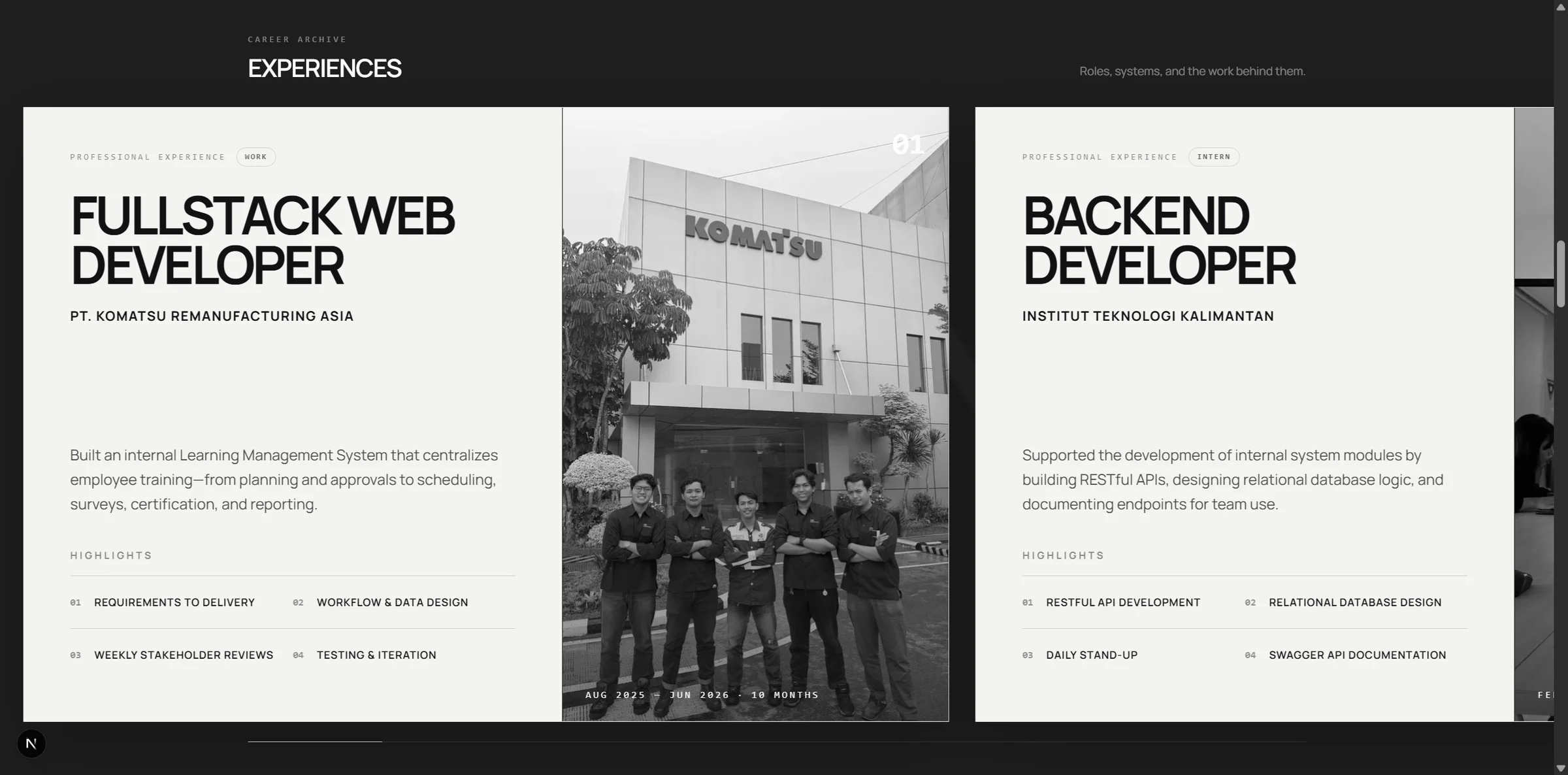 Personal portfolio experience carousel section